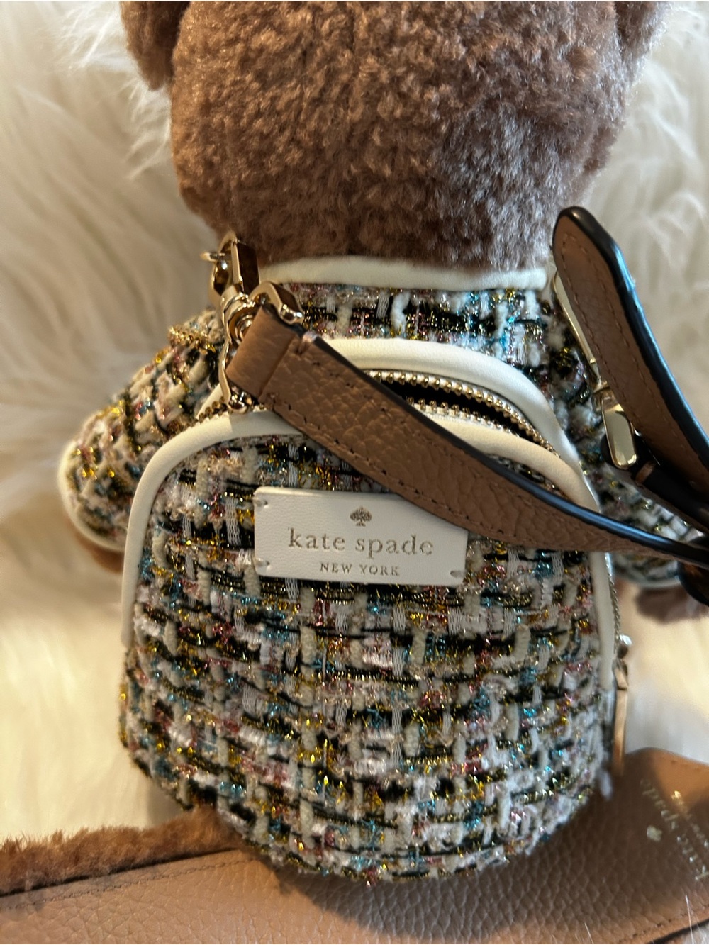 kate spade Brown Plush Bear Charm with Tweed Mini Backpack - Picture 4 of 10